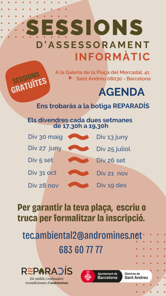 Agenda del 30 de maig fins desembre de la botiga reparadís on explica el servei d'assessorament de cada 15 dies.