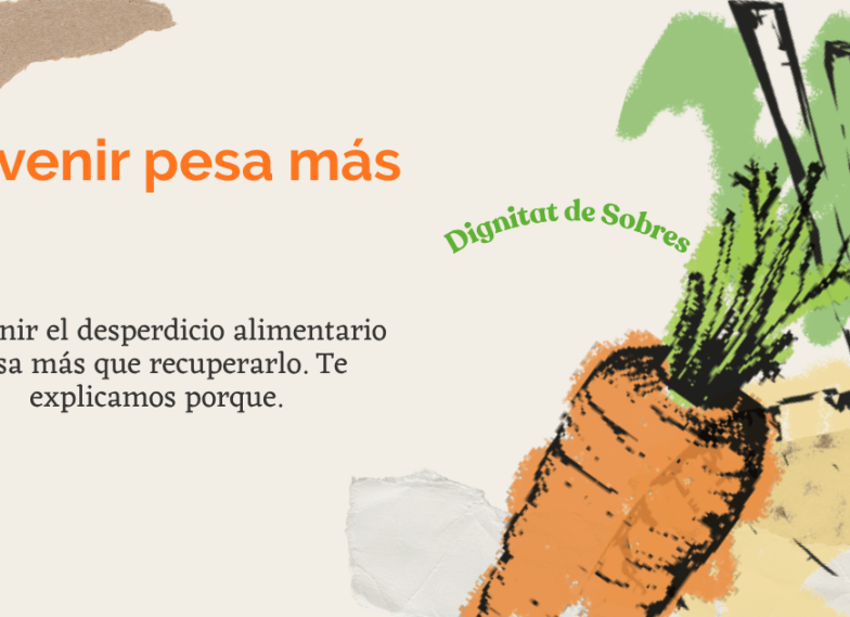 Ilustración de un nabo y una zanahoria sobre fondo de papel kraft, con el texto "Prevenir pesa más", pieza del proyecto Dignitat de Sobres sobre el impacto ambiental del desperdicio alimentario